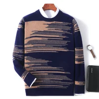 New Autumn Winter Thick Warm Cashmere Sweater Men's Round Neck Knitted Pullover 100% Merino Wool Contrasting Menswear 2