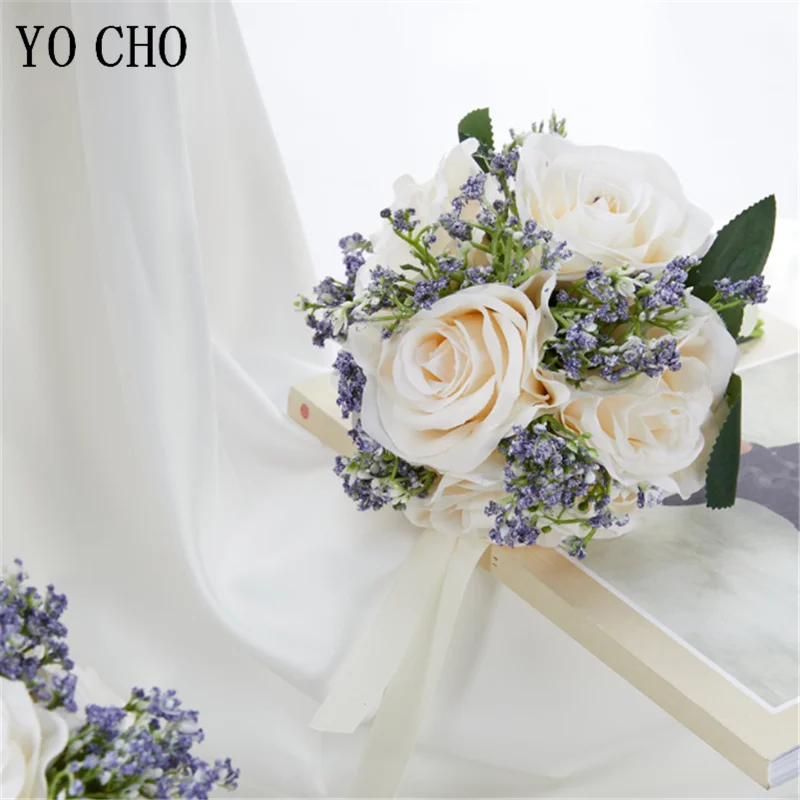YO CHO-ramo de boda para dama de honor, cinta de seda, rosas artificiales, flores de sujeción, ramo de boda para novia