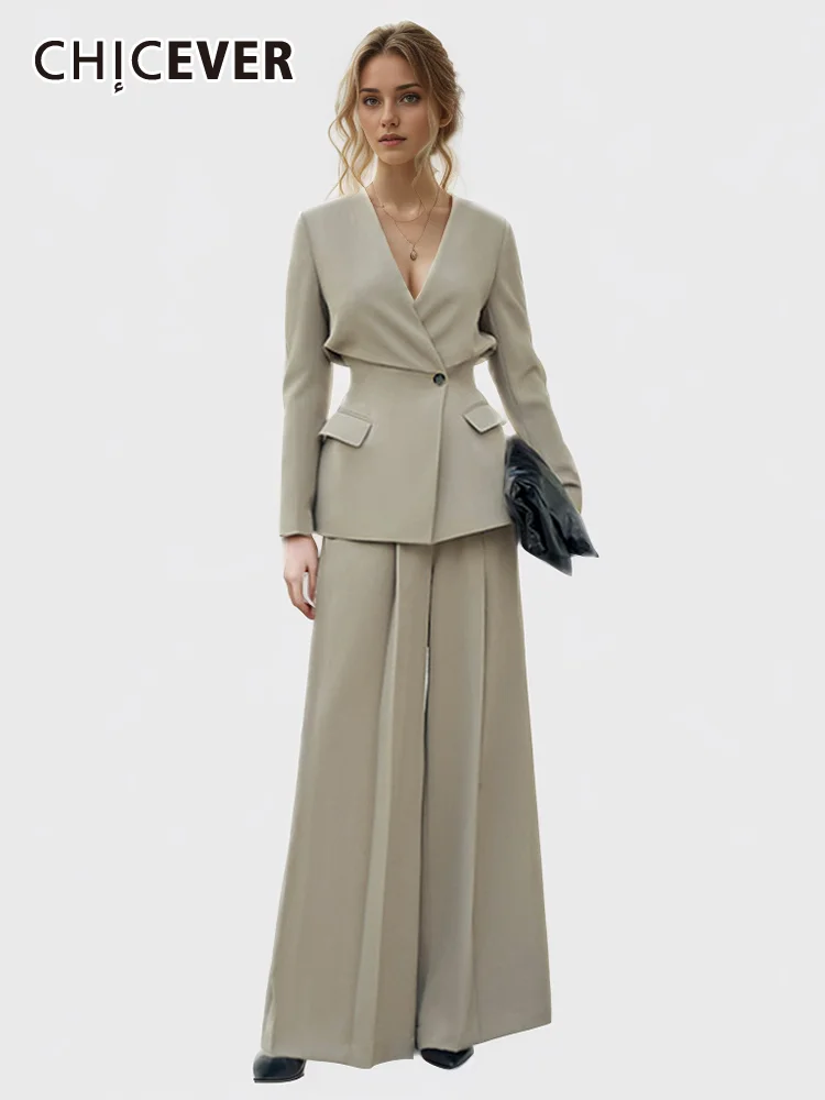 

Элегантные комплекты CHICEVER из двух предметов для женщин с V-образным вырезом длинным рукавом топ на одной пуговице прямые брюки с высокой талией темпераментный Женский комплект
