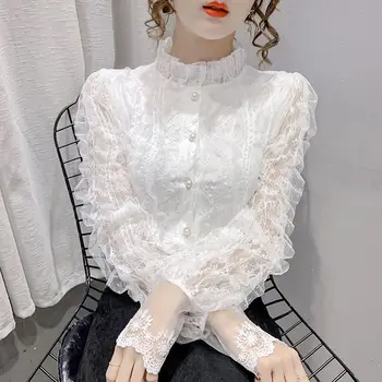템퍼러먼트 레이스 플리츠 상의, 용수철 얇은 긴팔, 올 매치 보터밍 셔츠, 우아하고 사랑스러운 여성복, 가을 신상