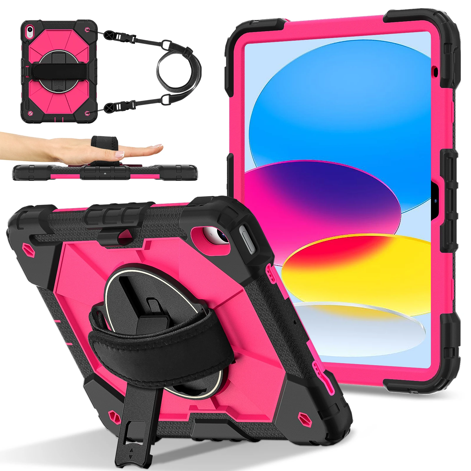 360 Rotatable Universal Protective Case for Tablets with Hand and Shoulder Strap - 3-Layer Hybrid Cover, 11-Inch