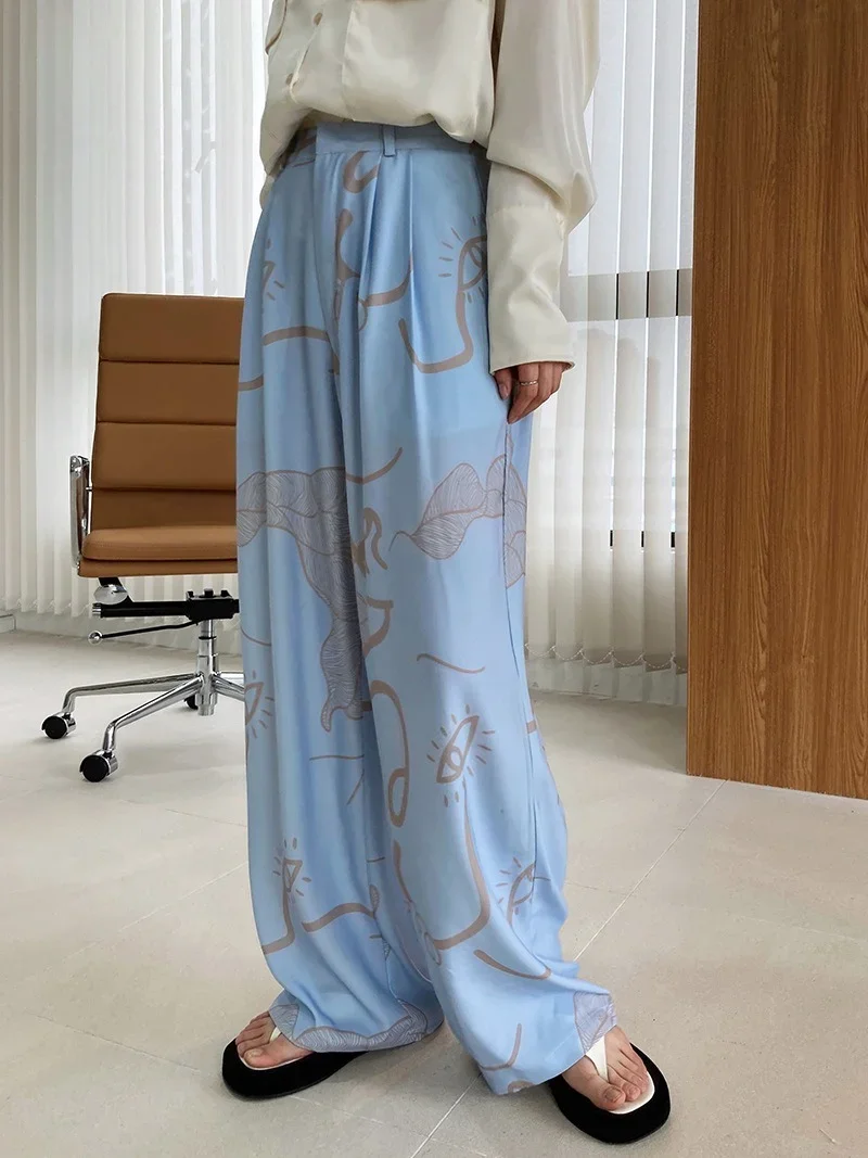 Women Summer Loose Wide-leg Pants Graffiti Printed Ice Silk Trousers Blue High Waist Drape Satin Mopping Pants Women 2024 Summer