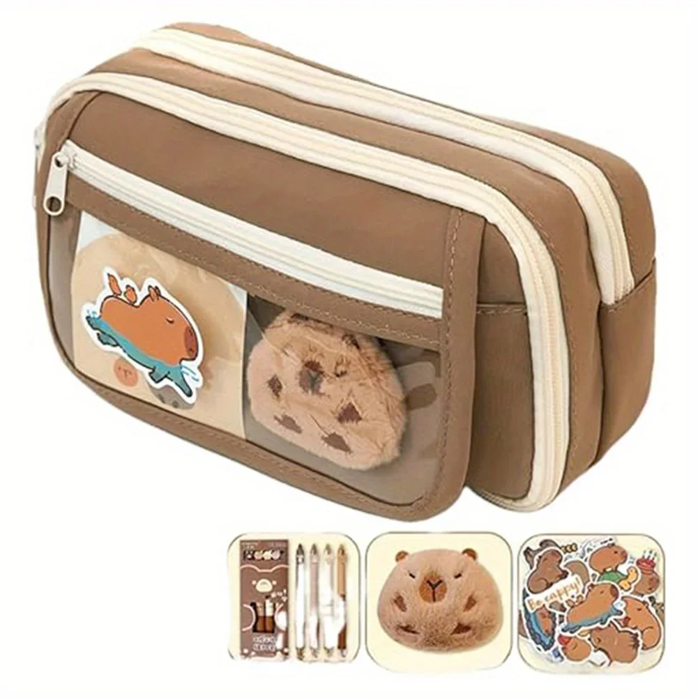 Cartoon Capybara Backpack with Pencil Case, Cute Kawaii Large Capacity Aesthetic Rucksack, Nylon Material, Zipper Closure