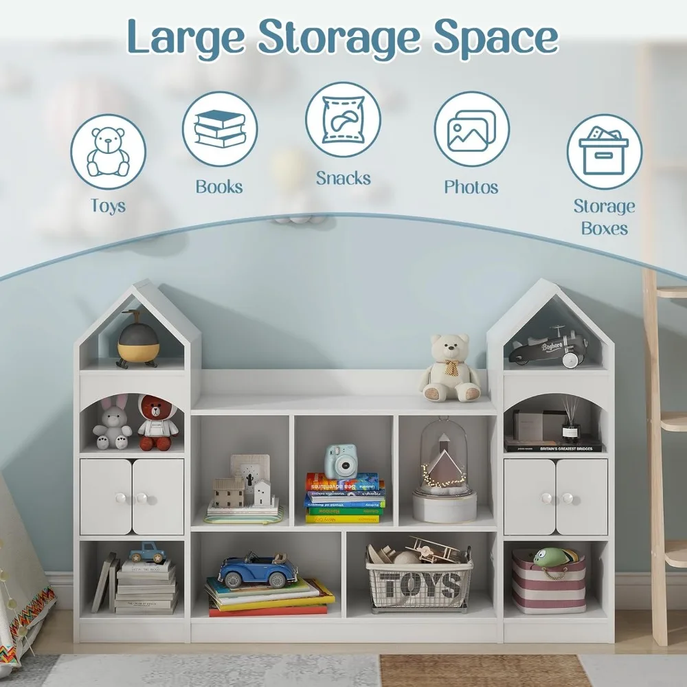 Children Bookshelf, Castle Shape, Playroom Furniture Multipurpose Shelf for Toddlers To Organize Toys and Books Magic Castle,Oak