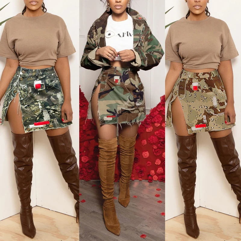 Camouflage Women Patches A-line Mini Hip Skirts 2023 Summer Button Up High Side Slit Camo Cargo Pockets Skirt Casual Streetwear 2023 budget binder a6 pu leather notebook cash envelopes system set clip on binder pockets for money saving bill organizer gifts