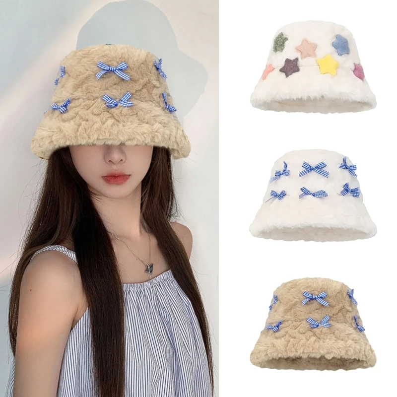 

Plush Beanie Hat for Women Wimter Warm Furry Star/Bows Bucket Hat Girls Outdoor Activity Hat Teens Breathable Headwear