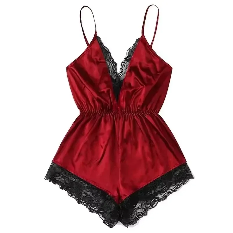Summer V-Neck Sexy Lace Patchwork Integrated Suspender and Backless women suspender pajamas
