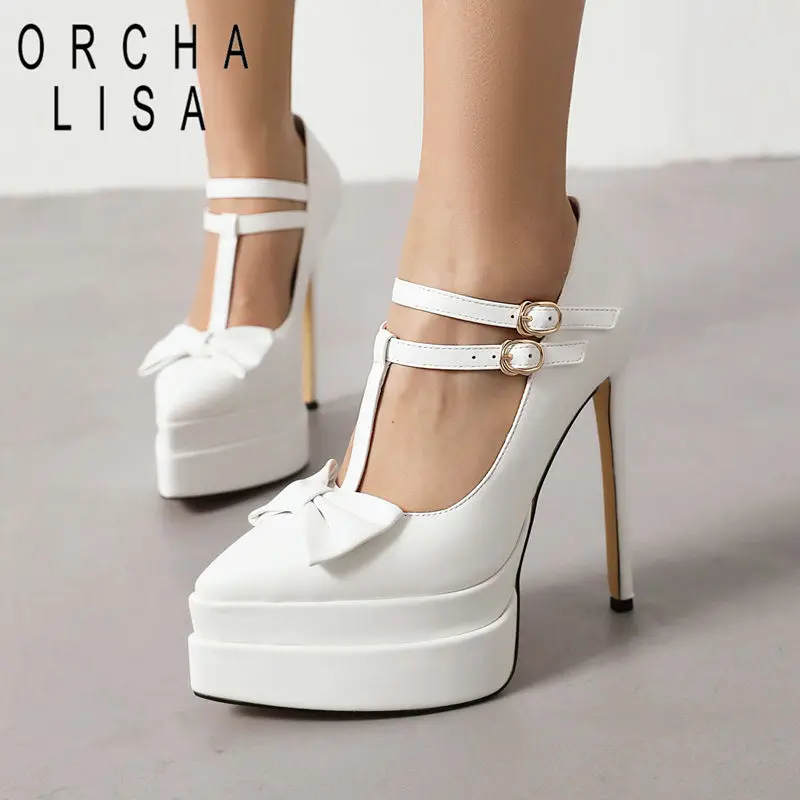 

ORCHA LISA Patent Leather Women Pumps Pointed Toe Double Buckle Straps Thin Heel 14.5cm Platform 5cm Bowknot Party Large Size 43