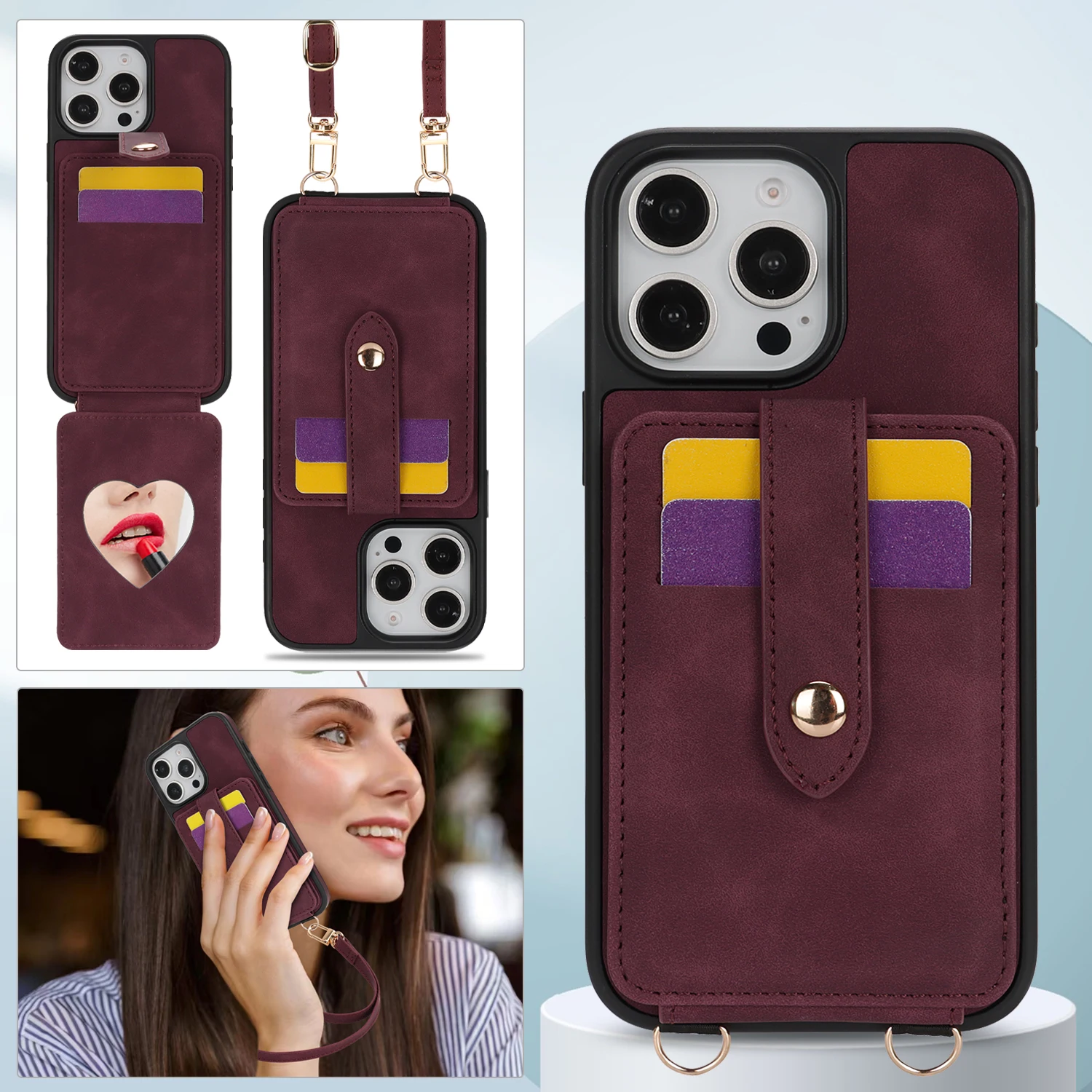 Elegant Mirror Crossbody Wallet with Card Slots, Leather Design, Lanyard and Flip Stand Cover