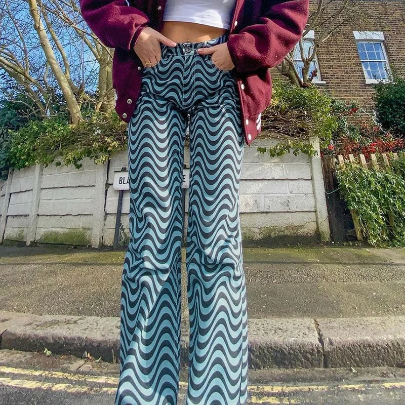 Wave Pattern Casual High Waist Pants Street Style Trend Women's Pants Simple Casual Pants Women's 2024 Fall New Straight Pants