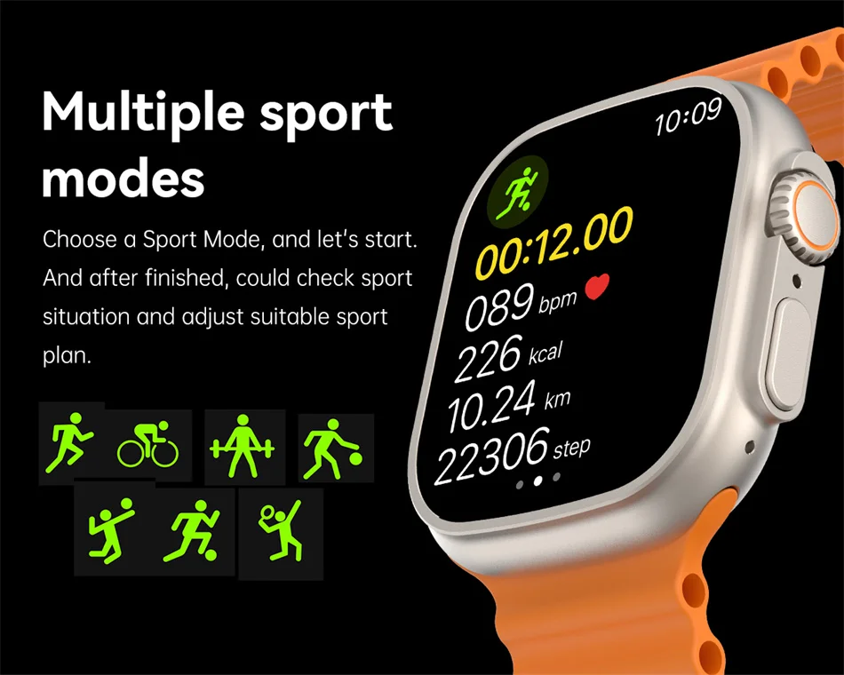 Montre connectée NFC Ultra Series 8 : écran HD de 1,96", appel Bluetooth, suivi d'activité, montre connectée étanche
