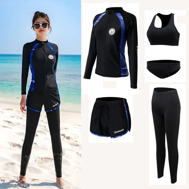 

Women 5pcs/set Long Sleeve Rash Guard Bathing Suit Zip Front Athletic Shirt with Boy Shorts Tankini Swimsuits Bikini Tracksuit