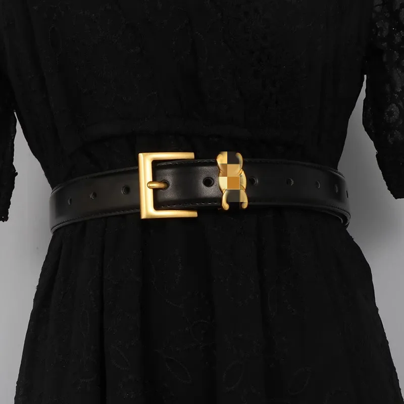 

Women's Fashion Gold Buckle Genuine Leather Corset Female Cummerbund Coat Waistband Dress Decration Narrow Belt J158