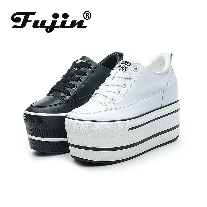 Women Sneakers Fujin 10.5cm High Thick Heel Platform Flats Women Casual Shoes Genuine Leather Soft Quality Casual Shoe Sneakers