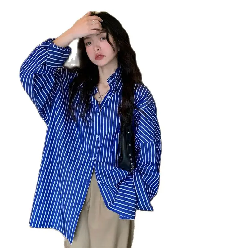 Blue Blouse Vertical Stripe Printing Loose Long Sleeves Vintage Hongkong Fashion Lady Blouse Spring Summer Design blouses lace splicing hollow out blouse in blue size s
