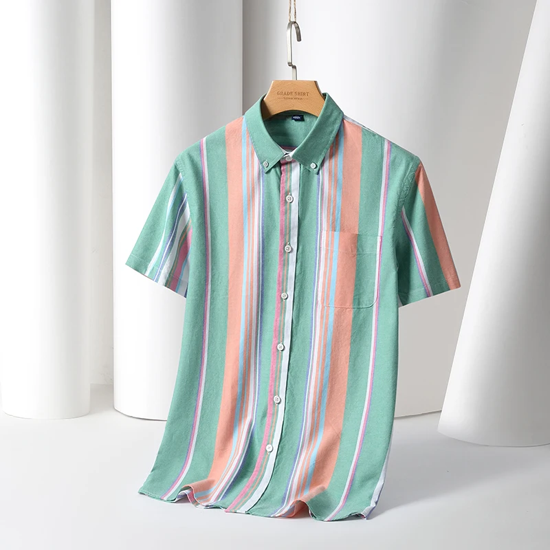 New Men's Striped Fashion Short Sleeve 100% Cotton Oxford Plaid Business Button Down Regular Fit Office Shirt Man Clothing 5