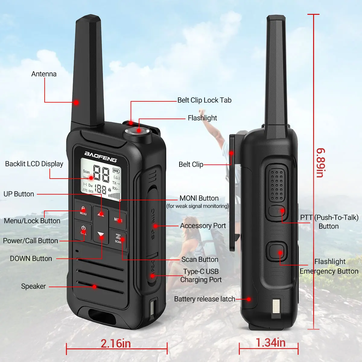 2 Stück Baofeng F22/T22 Mini Walkie-Talkie PMR Langstrecken-Akku-Funkgerät mit Typ-C-Ladegerät und VOX-Funktion für Campingreisen – Detail 11