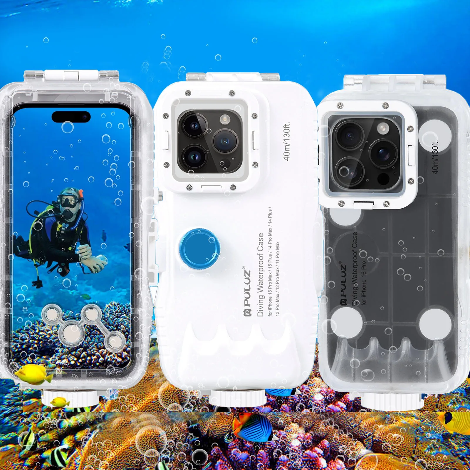 Iphone Case PULUZ 40m/130ft Waterproof Diving Case iPhone 16 15 14 13 12 11 Pro Max Plus Photo Video Taking Underwater Housing Cover