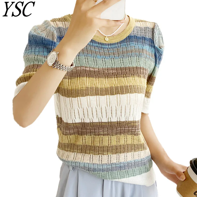 

YSC 2023 New pattern Women's knitting wool sweaters round neck Short sleeve Color stitching high-quality Simplicity pullover