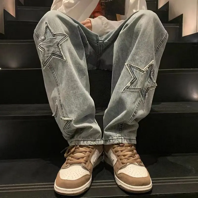 Y2K American High Street Fashion Jeans Vintage Men Star Aesthetic Spliced Denim Straight Loose Wide Leg Pants