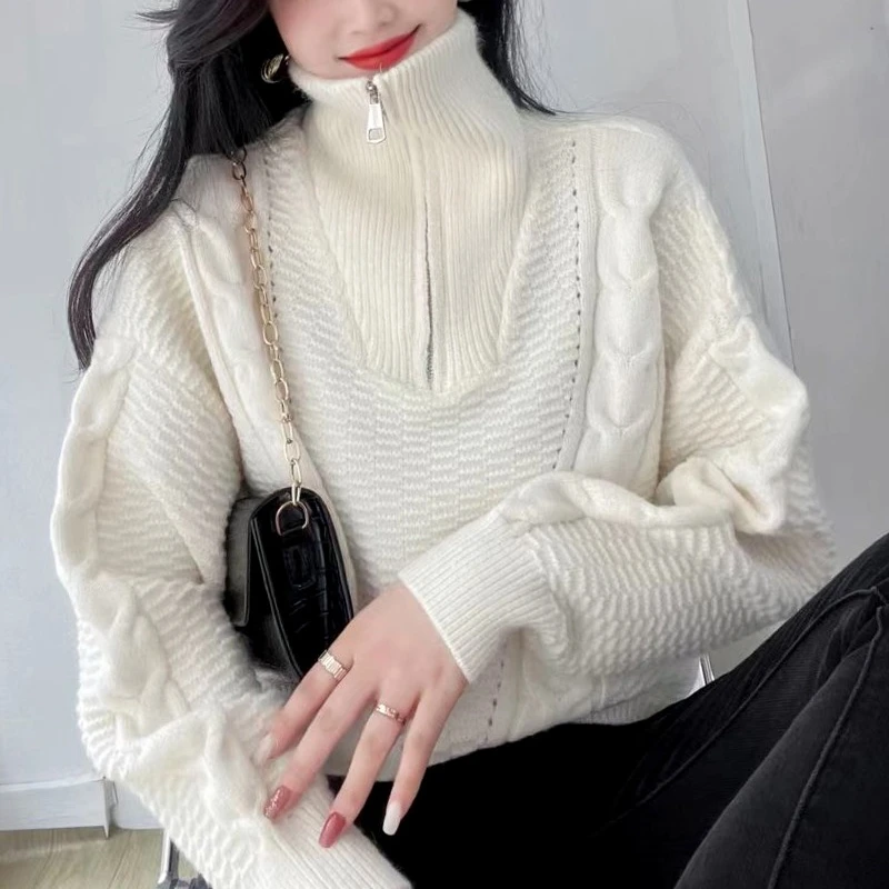 Elegant Women's New Turtleneck Zipper Long-sleeved Sweater Fashion Autumn and Winter Solid Color Retro Pullover Shirt Knitwear