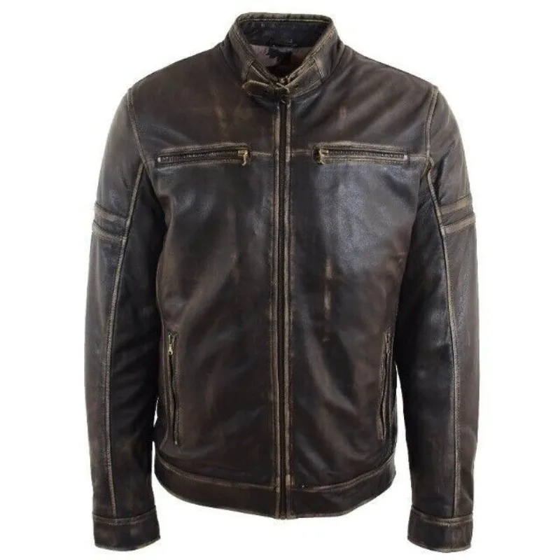 Men's Lambskin Leather Distressed Jacket Black Cafe Racer Retro Biker Jacket puma slip on fun racer infant 19366704 puma black puma white