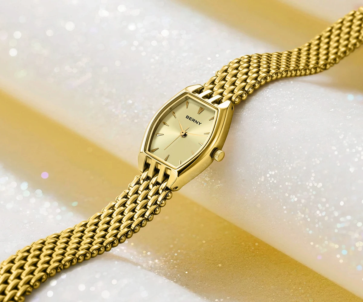 BERNY Golduhren für Damen, luxuriöse, schlanke, elegante Damen-Quarzuhr, goldene Edelstahl-Mode-Armbanduhr – Detail 7