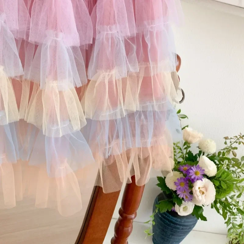 Mesh Rainbow Layered Dress Princess Ball Gown Sweet Skirt Little Girls Tutu Skirts Ballet Dance Kids Party Daily Skirt