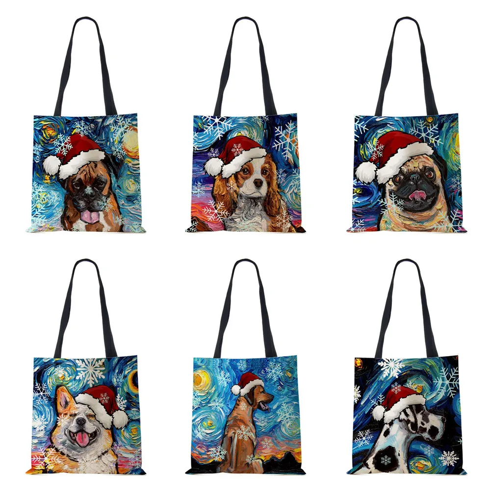 

Christmas Dog Canvas Shopper Tote Bag Printing Harajuku Women Reusable Shoulder Bag 2022 Casual Large Capacity Folding Handbag