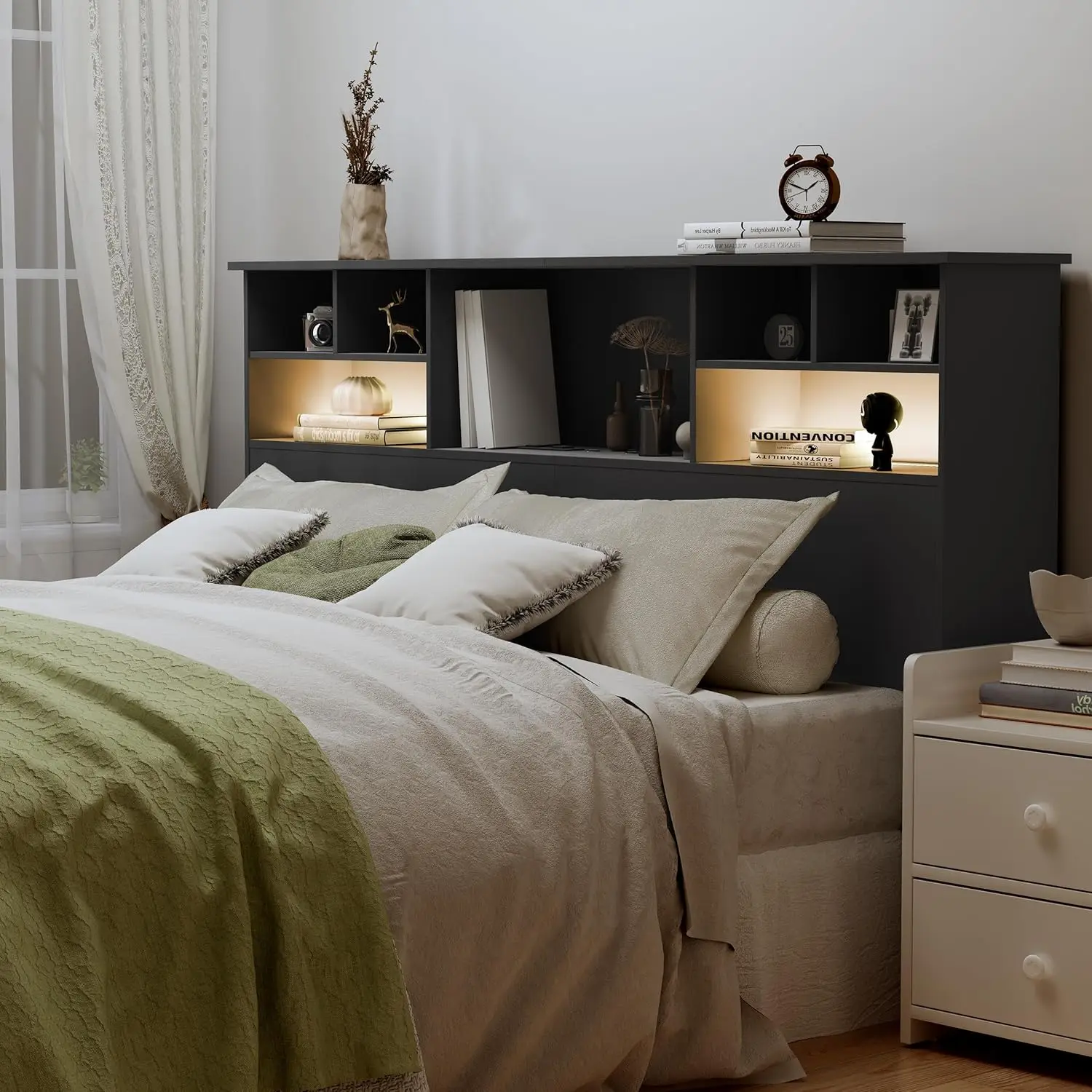 Only for Bedroom, Stylish Bookcase Headboard with Charging Station & 2 LED Lights, Engineered Wood Queen Si