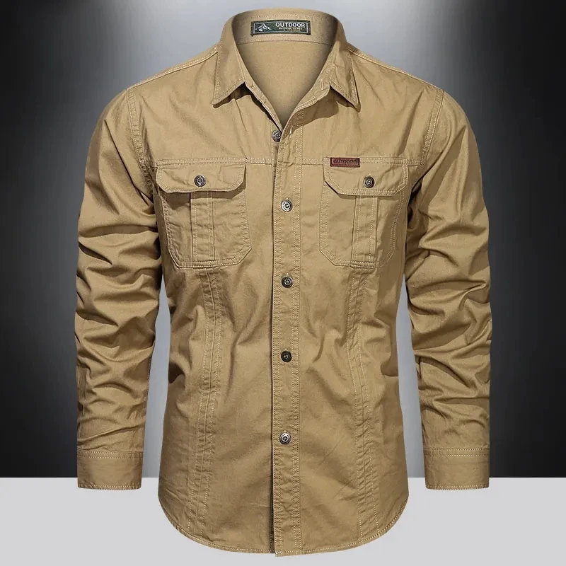 Cotton Shirt Autumn Military Style Men Solid Color Slim Casual Long Sleeve Shirts 5XL