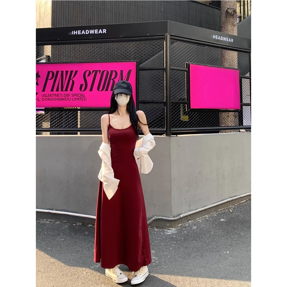 

Female Solid Long Dress Solid Spaghetti Strap Sheath Ankle-Length Vestido Summer Versatile Botton Soft Outfits Frocks