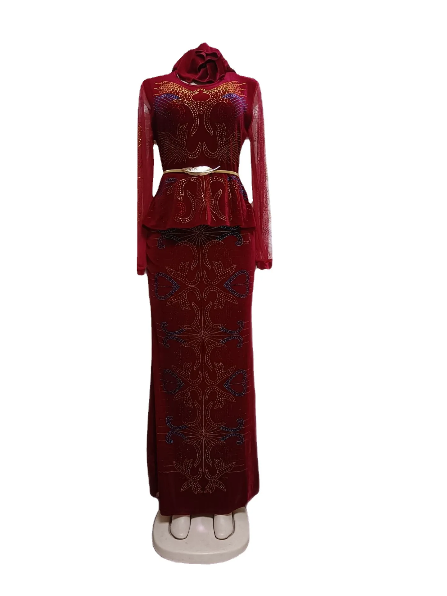 Velvet African Dresses for Women Summer Fashion Style African Women Long Sleeve O-neck Long Dress African Clothes with Headtie