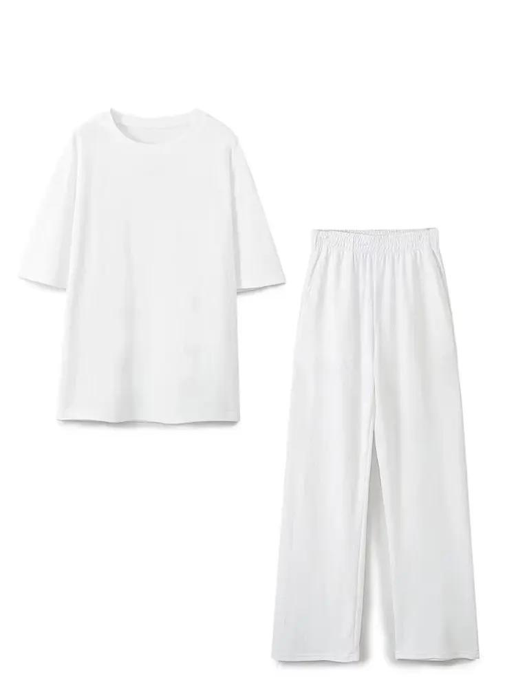 HH Women Vintage Solid Shirts Pant Sets O Neck Short Sleeve Shirts Top + Elastic Waist Loose Trousers Spring Commuting Suit
