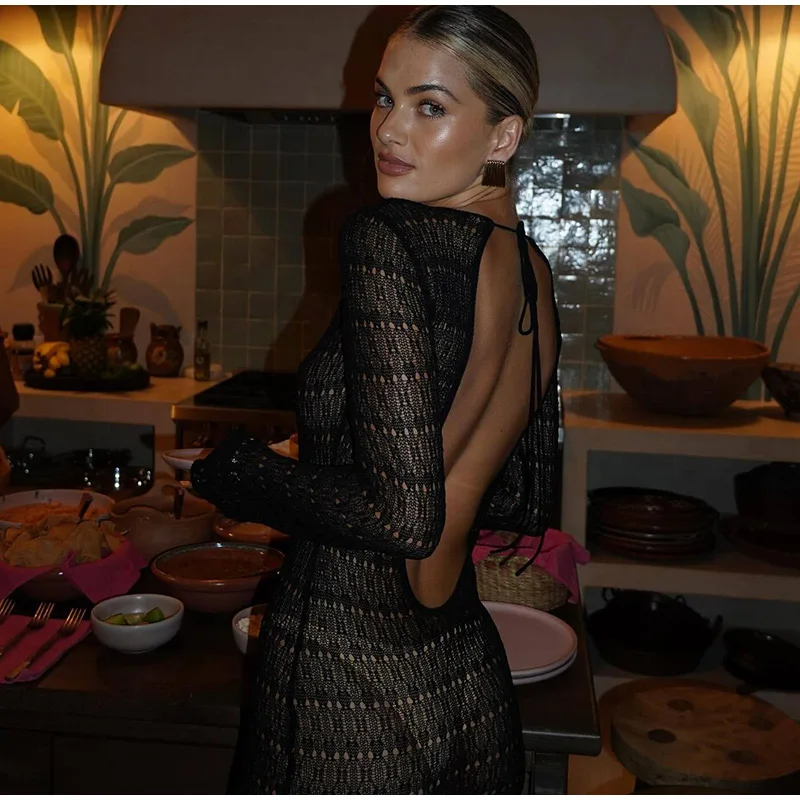 Elegant Hollow Out Knitted Long Dress Women Sexy Backless Solid Long Sleeve Slim Maxi Dresses Female Chic Party Beach Holiday