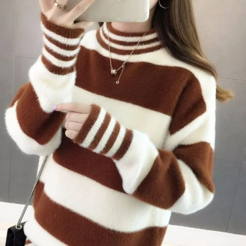 

2023 Fashion Women Winter Imitated Mink Half Turtleneck Plus Velvet Thickened Warm Pullover Loose Striped Bottoming Shirt Coat