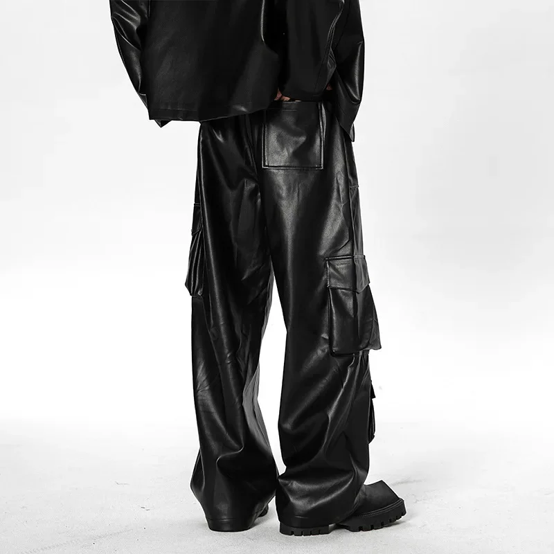 Oldschool West Coast American Style Multi-pocket Cargo Pants Casual Hip Hop Blast Street Pants Trendy Punk Leather Trousers men trousers,leather pants