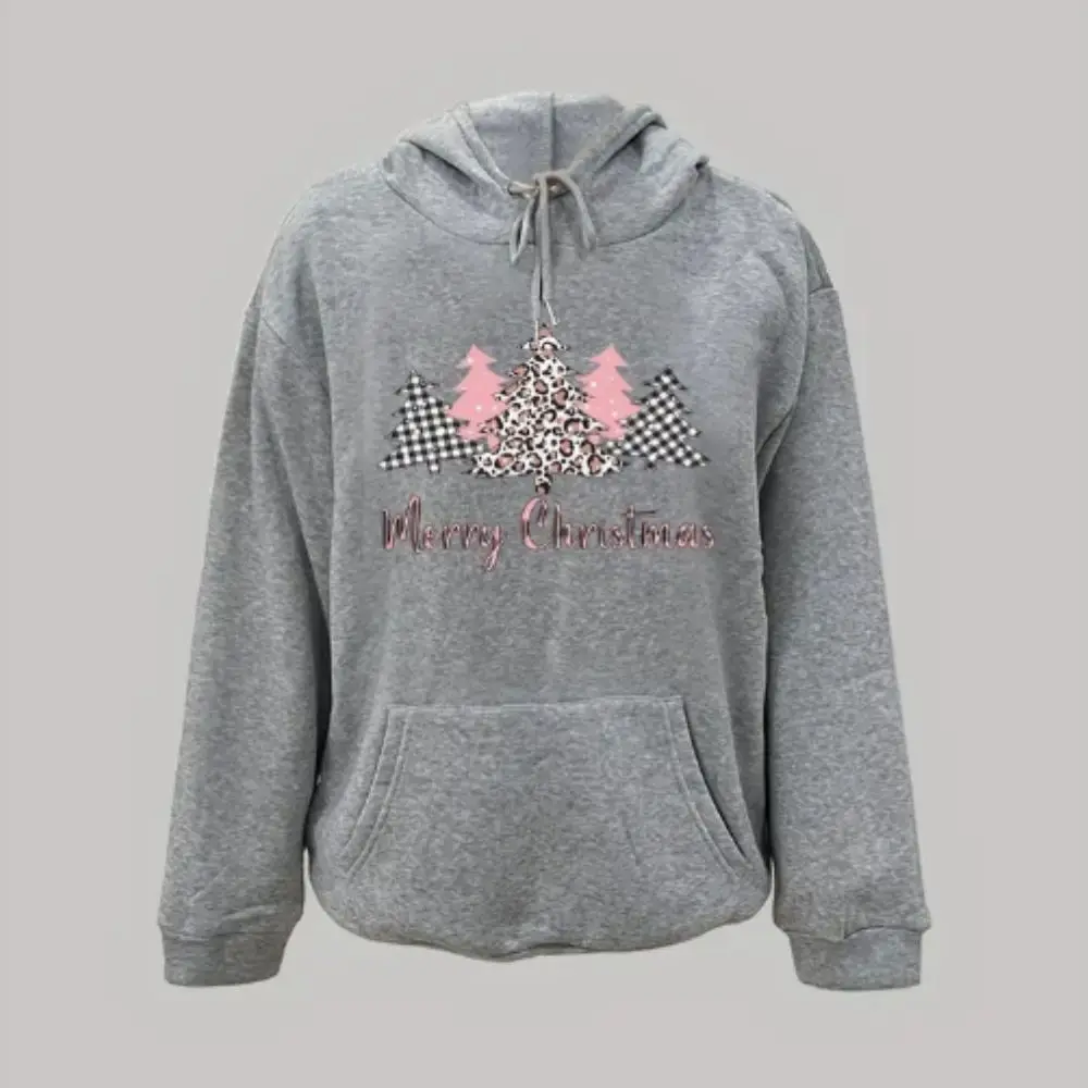 Plus Size Christmas Hoodies Casual Women's Plus Tree & Slogan Print Sweatshirt Long Sleeve Drawstring Hoodies With Pockets