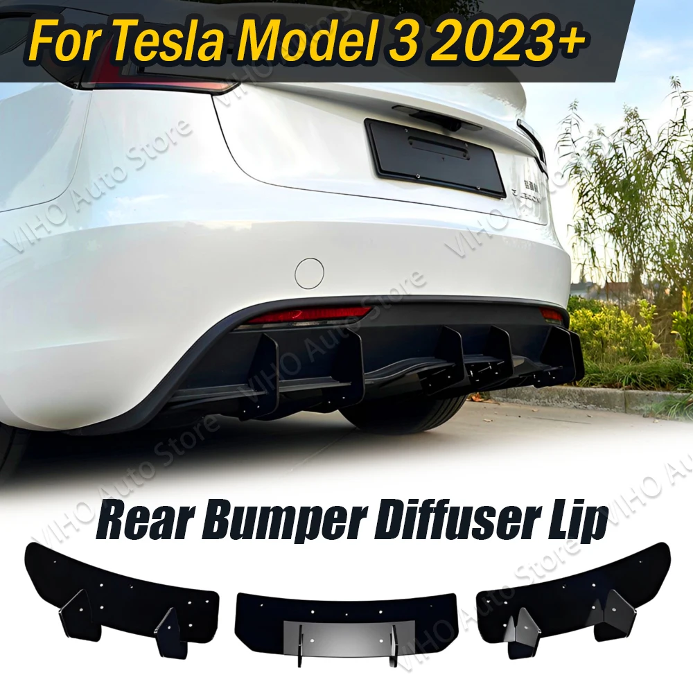 

6 плавников, глянцевый черный диффузор для заднего бампера автомобиля, задние боковые разветвители, спойлер, тюнинг губ, ABS черный для Tesla Model 3 2023 +