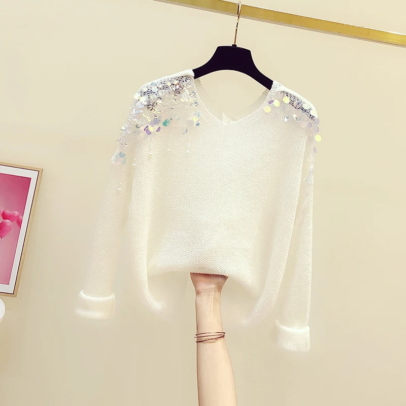 

2022 Shine Sequined Knitted Women Sweater Pullovers O-Neck Solid Long-Sleeved Elegant Office Lady Pulls Outwear Tops