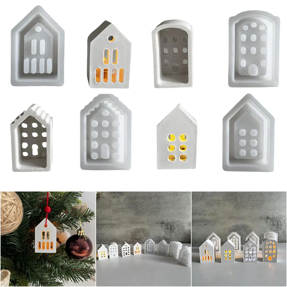 4pcs House Candle Holder Silicone Mold Aroma Soap Mold Tealight Holder Mold Houses Candlestick Ornament Plaster Molds Home Decor