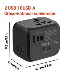 Universal Travel Plug Adapter with European Converter Capabilities - Up to 2500W Capacity (Black)