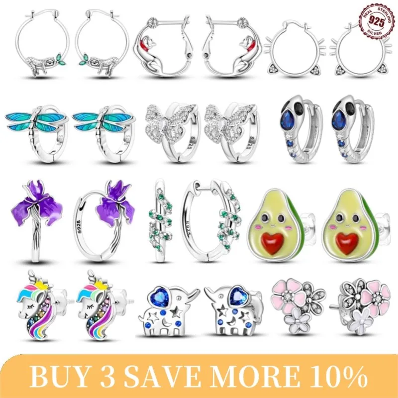 36 Stil echte 925 Sterling Silber Faultier Creolen Tier Katze Schlange Ohrringe für Frauen Hochzeits geschenk feinen Schmuck Libelle