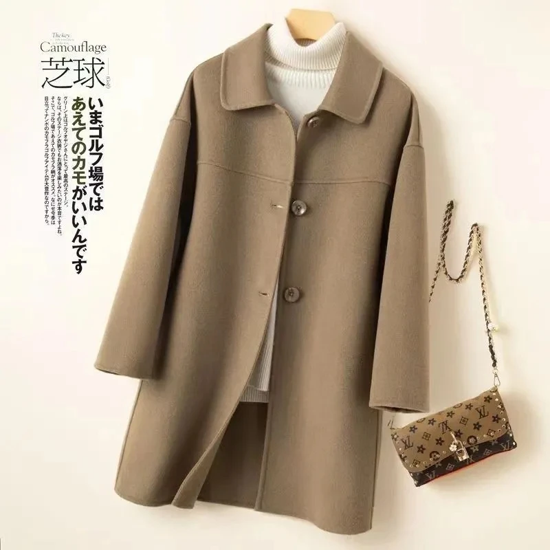 

Осень-зима 2023, пальто, женская одежда, шерстяная куртка, однобортная Двусторонняя Корейская кашемировая женская верхняя одежда верблюжьего и бежевого цвета
