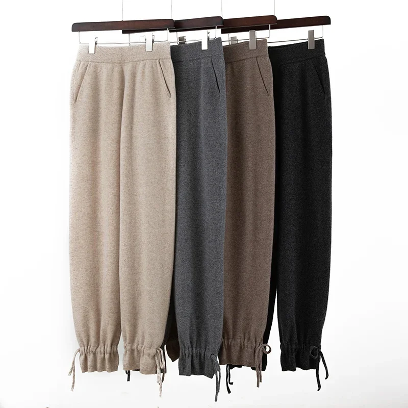 

4-color 100% pure wool women's wide leg pants trendy and fashionable cashmere knitted long women's small leg pants hot selling