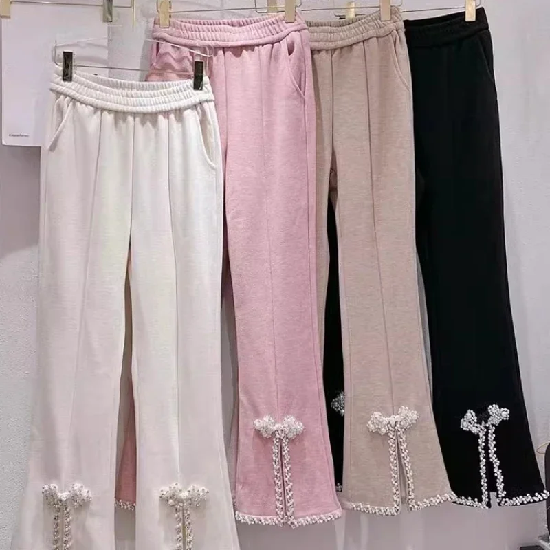 Casual Pants Autumn Winter Beads Retro Buckle Slit Hemline At Hem Fleece-Lined Thick Bootcut Trousers Wide Leg Sweatpants Female fleece lined casual retro women in plush jeans pants y2k autumn winter high end slim fit look straight leg cigarette pants women