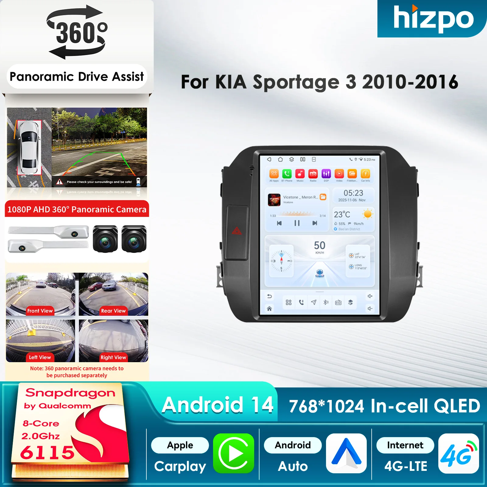 Hizpo 9,7'' Android 14 Auto-Multimedia-Player für KIA Sportage 3 2010–2016 GPS Carplay 4G Intelligenter Bildschirm Autoradio 360 C