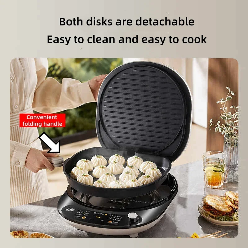 220V Electric Skillet with Dual Heating Surfaces and Removable Non-stick Plate for Pancake Griddle Home Use 34cm Large Caliber