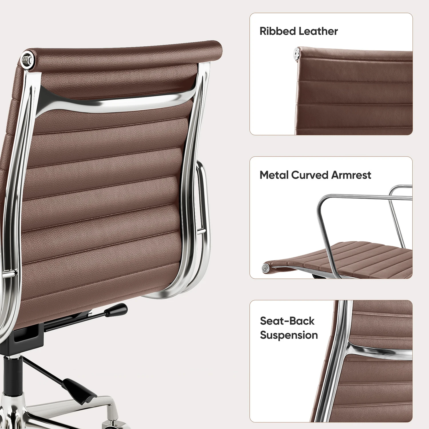 Low Back Brown Ribbed Genuine Leather Office Chair with Aluminium Alloy Frame Swivel Computer Chair 3
