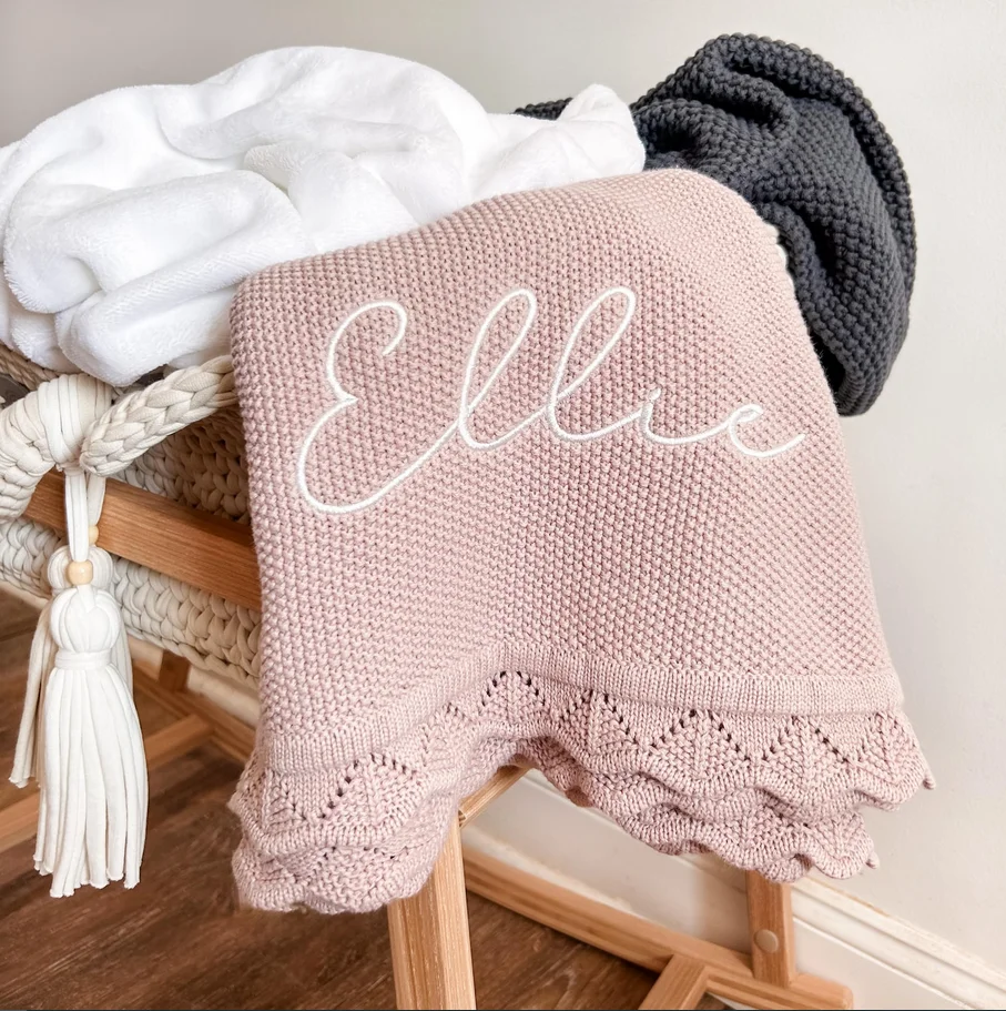 Personalized Knitted Blanket for Baby Boy Or Girl Soft Breathable Embroidered Name Blanket Baby Shower Stroller Birthday Gift 2